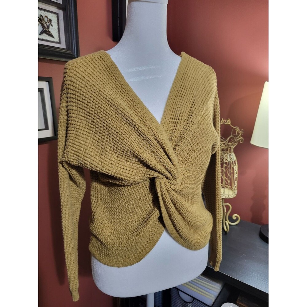 moon & madison Womens's M Mustard Twist-Front V-Neck Sweater Twist Front Chunky